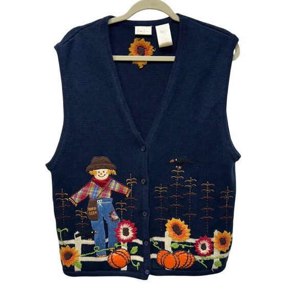 Bobbie Brooks Womens Fall Scarecrow Knit Vest With Embroidered Design & Buttons - Picture 1 of 8